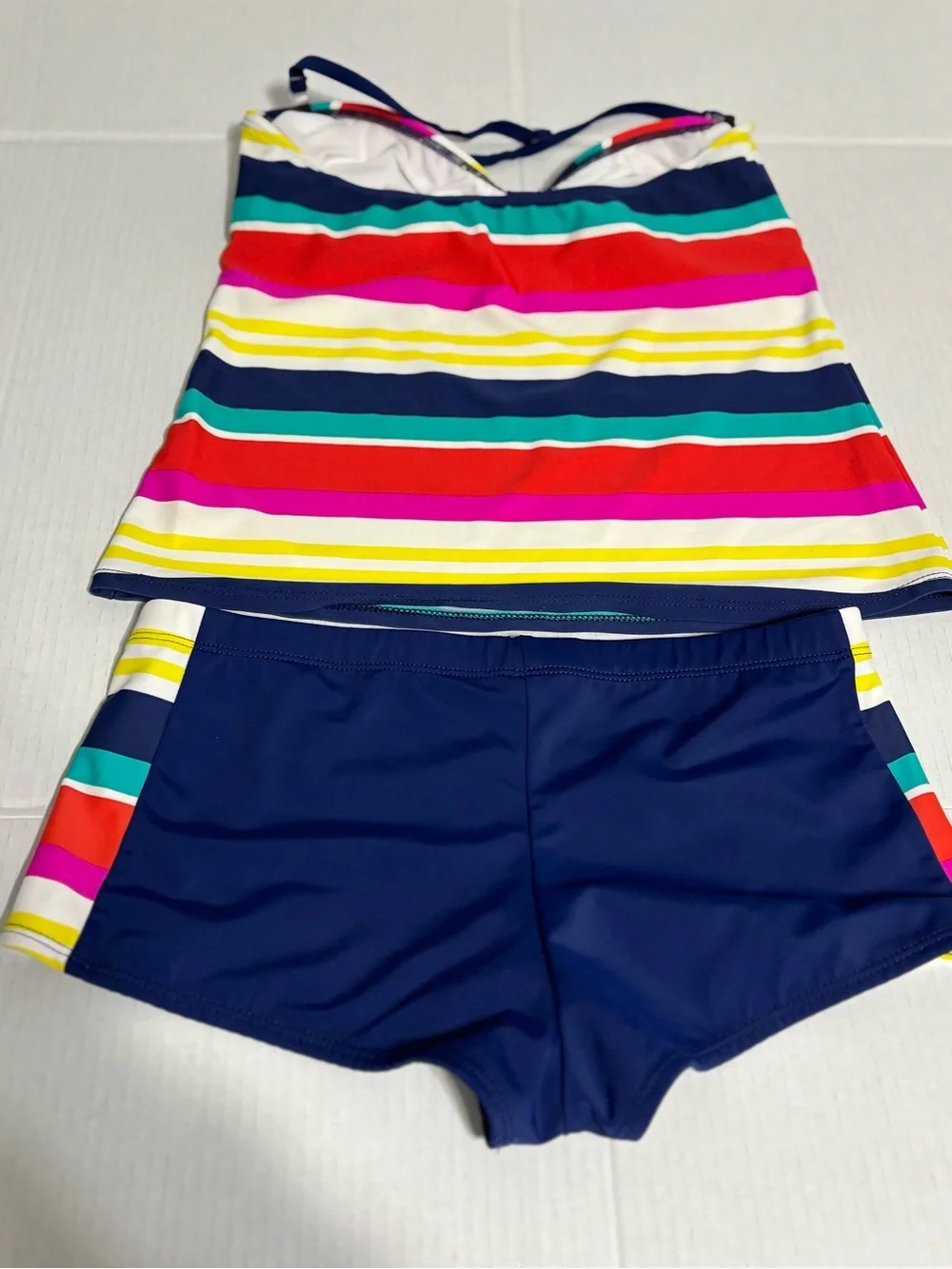 Tankini Set Striped Multicolor Top with Navy Swim Shorts Women M